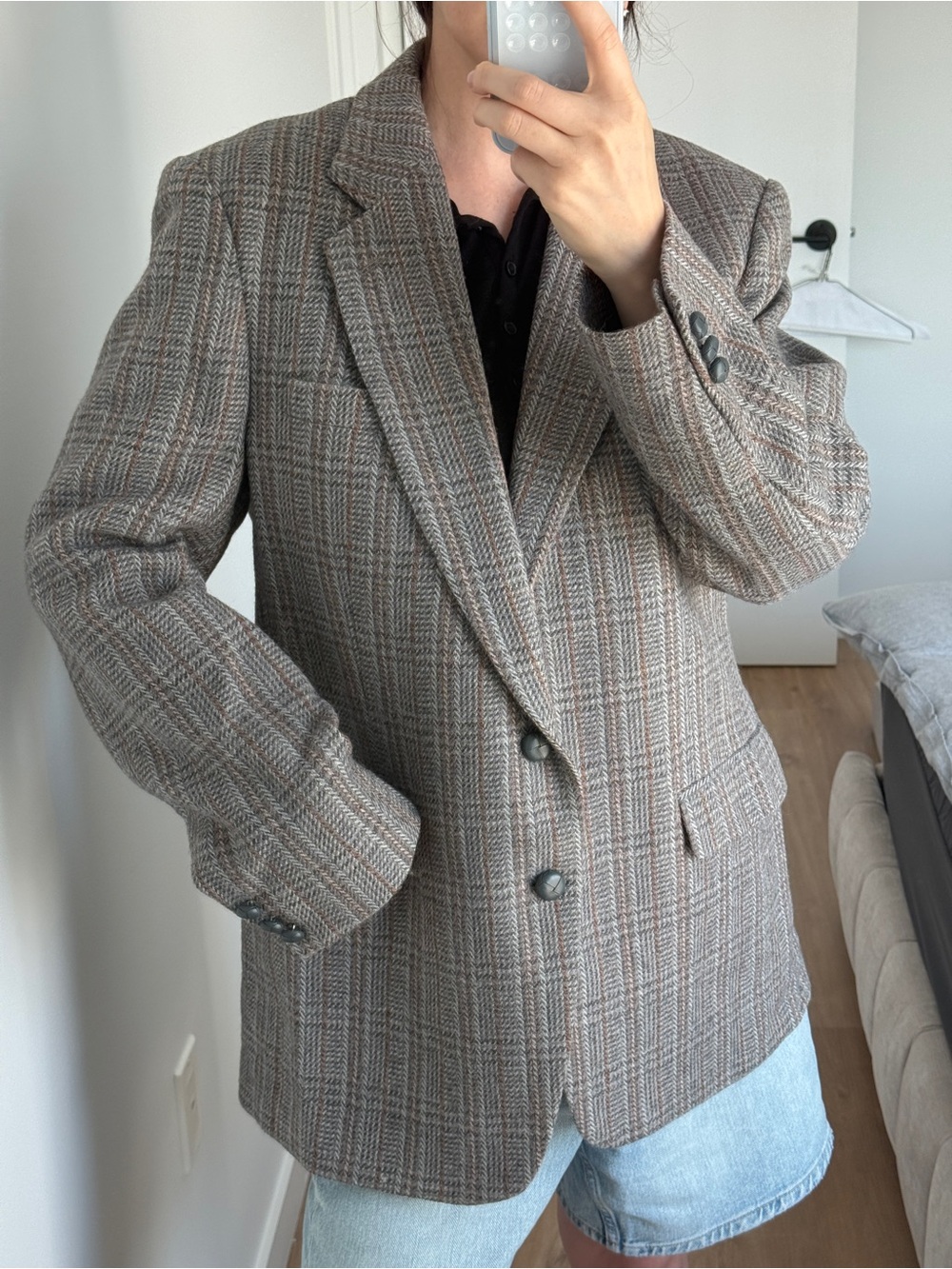 Classic Plaid Wool-Blend Blazer Jacket - Brown gray